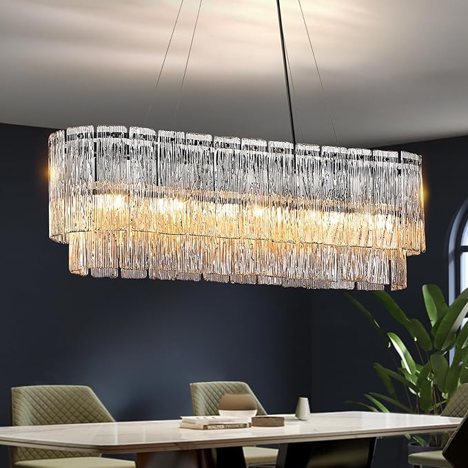 Black Rectangle Chandeliers for Dining Room Modern Crystal Glass Island Light 6-Light Chandelier Luxury Rectangular Linear Hanging Pendant Light Fixture for Kitchen L35.5”