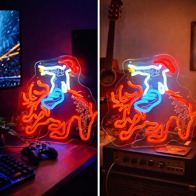 Riding Horse LED Neon Sign,Man with Cowhat Western Style Wall Decor with Acrylic Backing, Dimmable USB Powered Neon Light for Bar, Man Cave, Ranch & Rustic Home Decor Holiday Birthday Gift