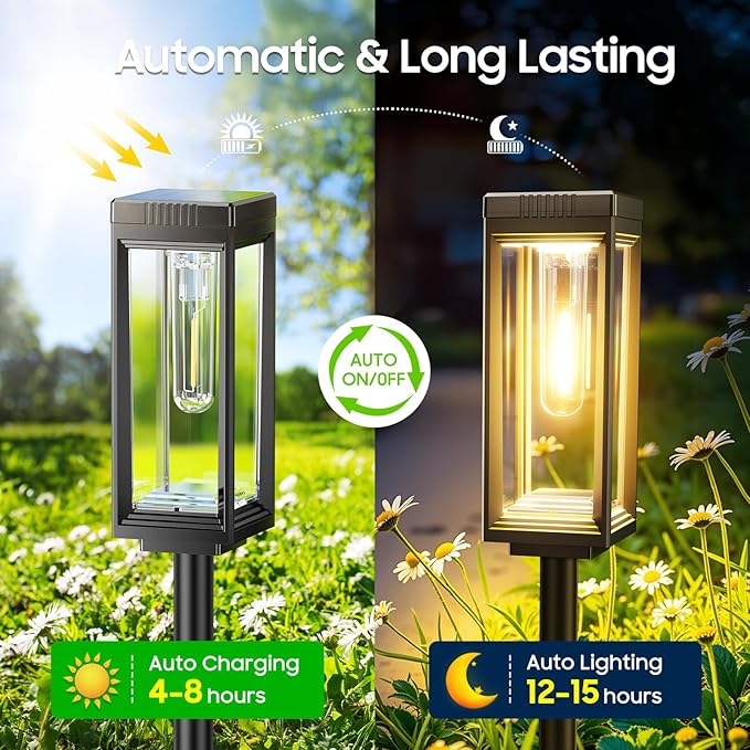 Tall Solar Lights Outdoor, 8 Pack Bright Pathway Lights Solar Powered | Waterproof, Auto On/Off, Up to 15Hrs Outdoor Light for Garden Yard Walkway Driveway Lawn Landscape