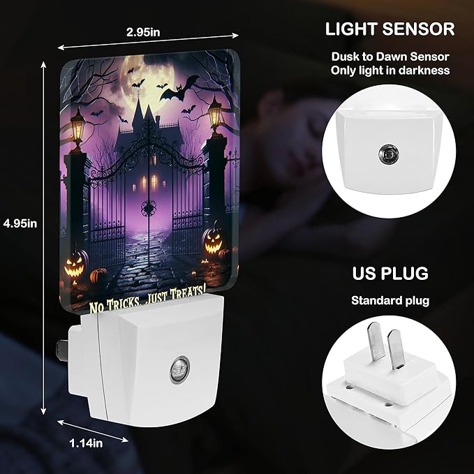 LED Night Light Lamp with Smart Sensor Dusk to Dawn Sensor,Dark Halloween Vibe Eerie Fog Cast Bats Fly Spider Web Pumpkin No Tricks Just Treats Night Light Daylight White,0.5W Plug-into Wall