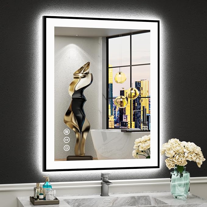 24x30 Black LED Bathroom Mirror, Backlit & Front Lit Lighted Mirror | Metal Framed Anti-Fog Vanity Mirror with Lights, 3 Color Dimmable, Memory, Tempered Glass, CRI95, IP54, Horizontal/Vertical