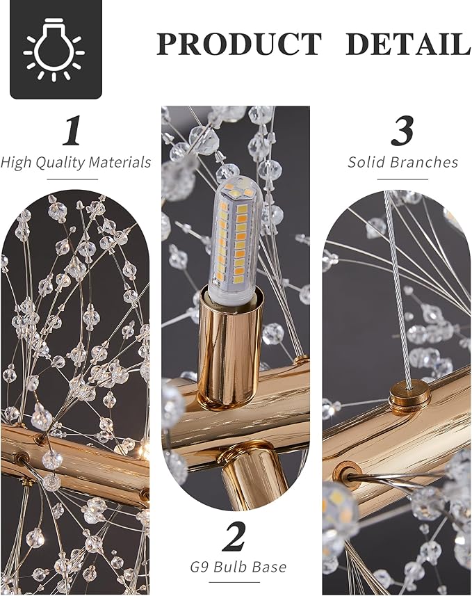Modern 35.4" Modern Gold Crystal Firework Chandelier, 12-Light Pendant Light Fixture, Rectangle Linear Sputnik Dandelion Chandeliers for Dining Room Kitchen Living Room