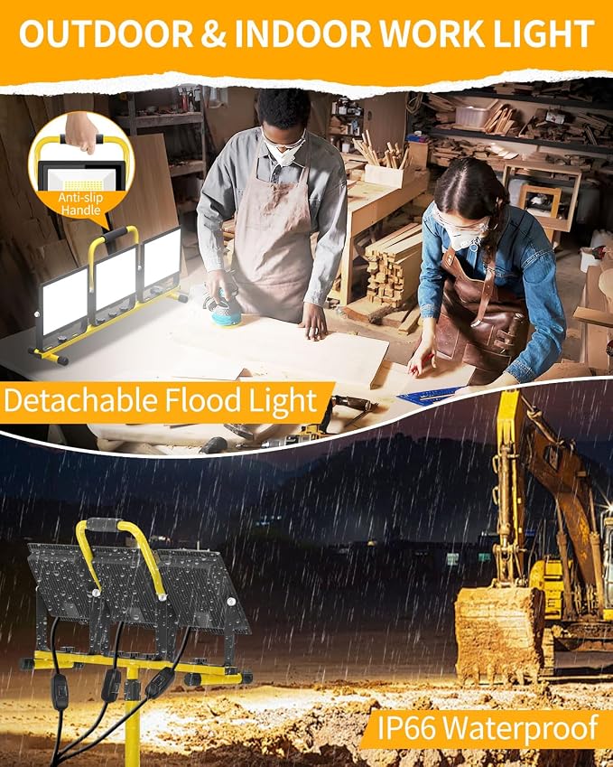 26400LM Work Lights with Stand, Adjustable IP66 for Constructio Job Sites | 3 Adjustable Head Portable Worklight with 26FT Cord Switch and Foldable Tripod, Waterproof 5000K for Outdoor Workshops Garage