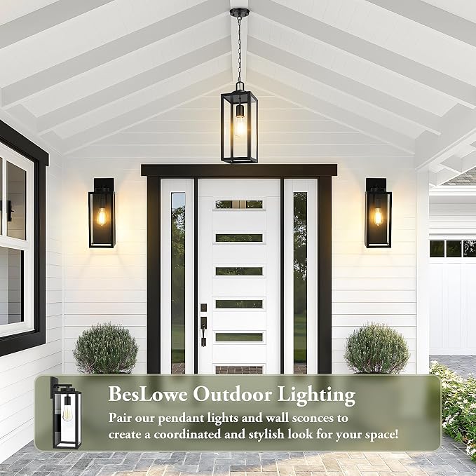 15” Large Outdoor Pendant Light, Modern Hanging Lantern, Black | Hanging Height Adjustable, Waterproof, Rust-Resistant, Durable Metal & Clear Glass, Standard E26 Sockets, Easy to Install