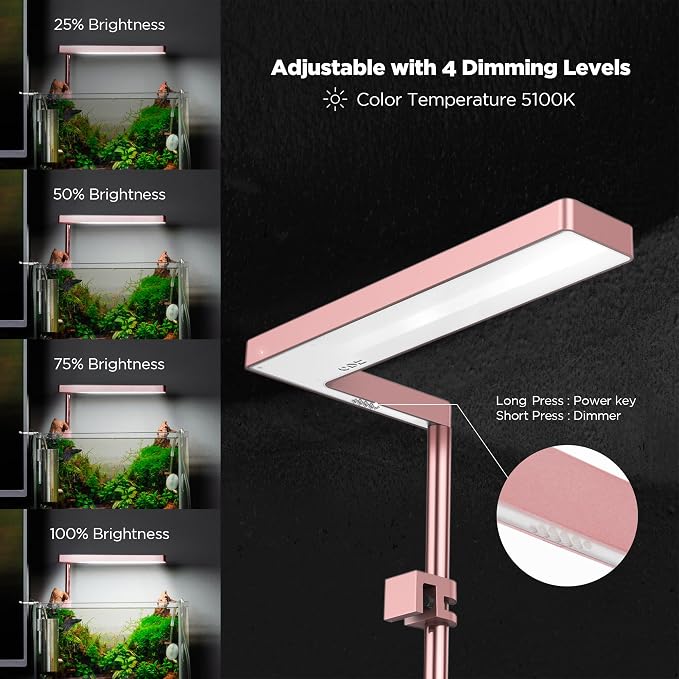 Flat Nano 15W Full Spectrum Aquarium Light, 4 Level Dimmable Plant Light, IP54 Waterproof Freshwater Use Only, Suitable for 2-9 Gallon Rimless Fish Tanks, Terrariums, & Potted Plants, Rose Gold
