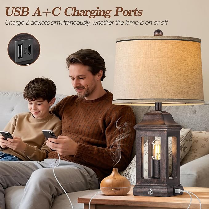 24" Rustic Farmhouse Table Lamps for Living Room, Single Pack Touch Dimmable Nightlight Vintage Bedside Lamps with USB A+C Ports & Dual Light Sources for Bedroom Nightstand End Table, Antique Black