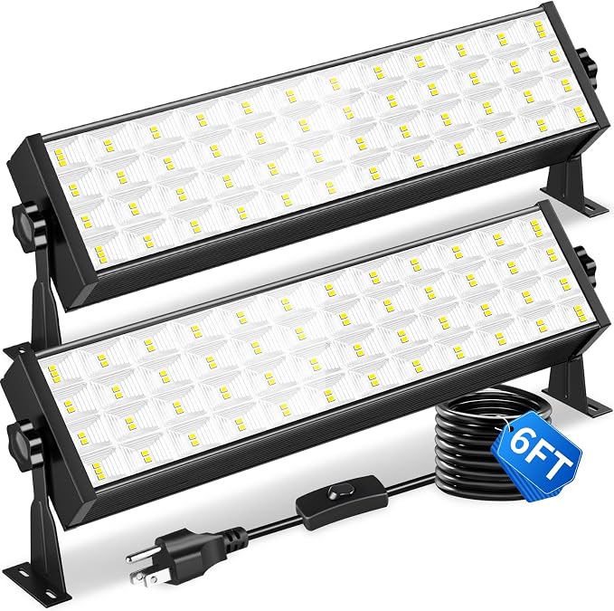 2 Pack 100W LED Shop Light, 12000LM 5000K Daylight | 6FT Cord & On/Off Switch, IP40, 180° Adjustable, Plug in Work Light, For Workbench Workshop Garage Warehouses Basement Yard