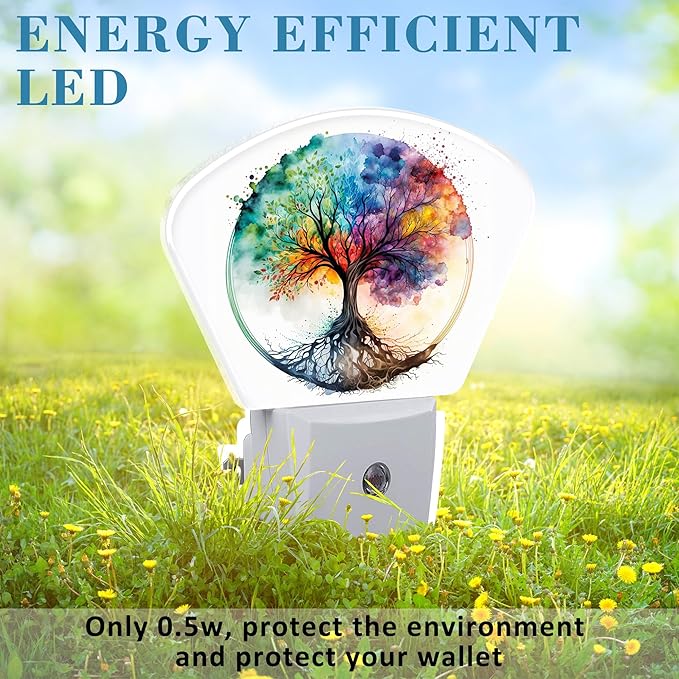 Watercolor Tree of Life Night Light, Colorful Tree Nightlight Plug into Wall with Dusk to Dawn Sensor for Kid Girls Boys Women Men Bedroom, Hallway, Kitchen, Bathroom, Stairs Decor