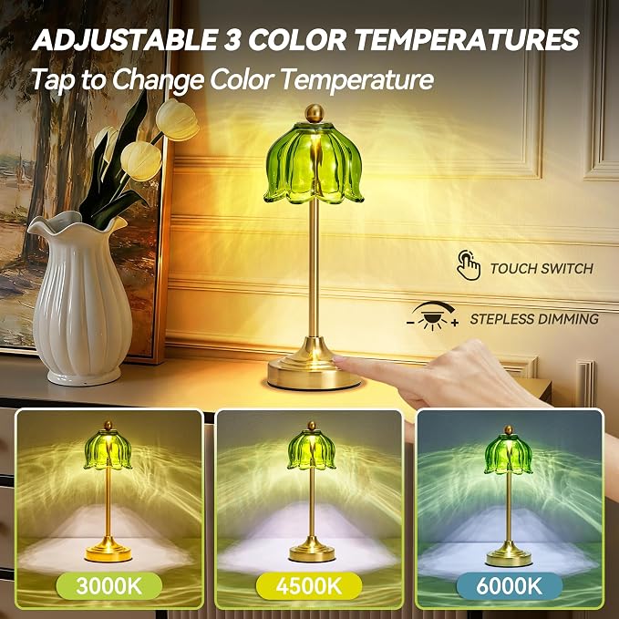 Small Tulip Cordless Table Lamp, LED Touch Accent Lamp with Amber Glass Shade, Dimmable Vintage Table Lamps for Bedroom, Kitchen, Nightstand, Restaurant
