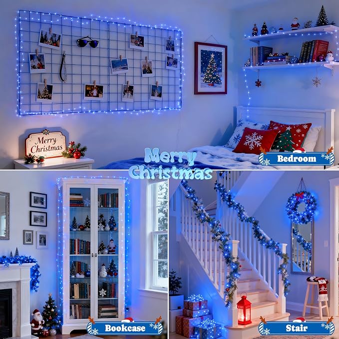 JMEXSUSS 2 Pack Fairy Lights Battery Operated, Total 200 LED 66ft, Blue | Christmas Lights with Remote & Timer, Waterproof Blue Twinkle String Lights for Bedroom Dorm Indoor Outdoor Party Tree Decor