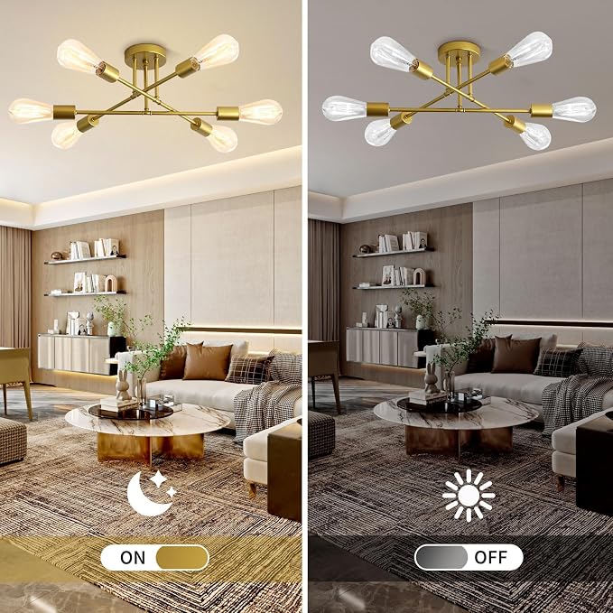 Chandelier, 6-Light Modern Sputnik Ceiling Light, Gold Metal Ceiling Light | Angle Adjustable Dining Room Light Fixture with E26 Base, Light Fixtures Ceiling Mount for Bedroom Living Room Kitchen