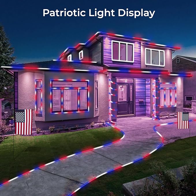 WYZworks 576LEDs, 50ft LED American Flag Red White Blue Outside Rope Lights, Waterproof Permanent Outdoor ETL Certified, Connectable, Palm Tree Decorative Landscape Patio Accent Lighting - USA
