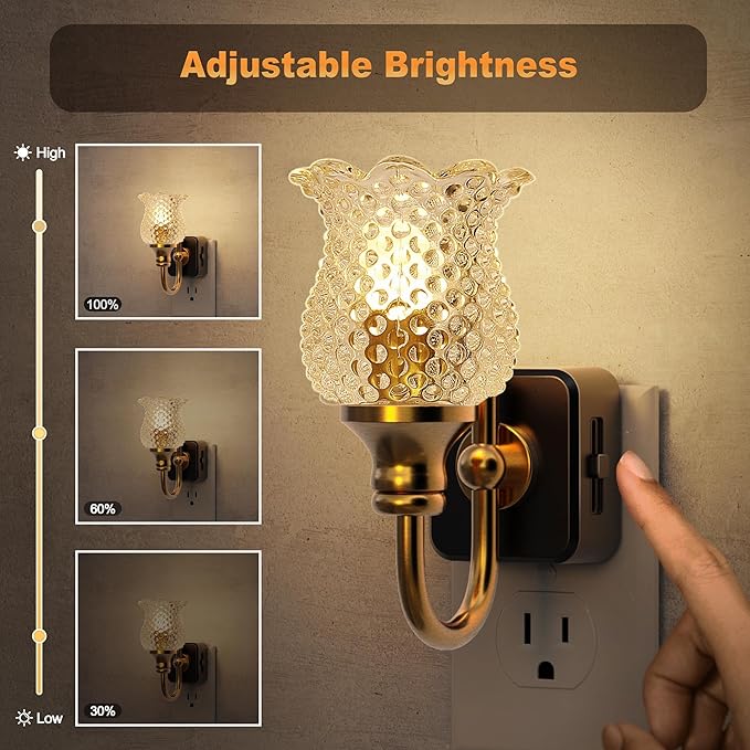 JandCase Night Light, Glass Night Lights Plug into Wall 2 Pack | Dimmable Floral LED Nightlight, 0-100LM Flower Nightlights, Dusk to Dawn Sensor, 1W Vintage Nite Light for Bathroom Gift