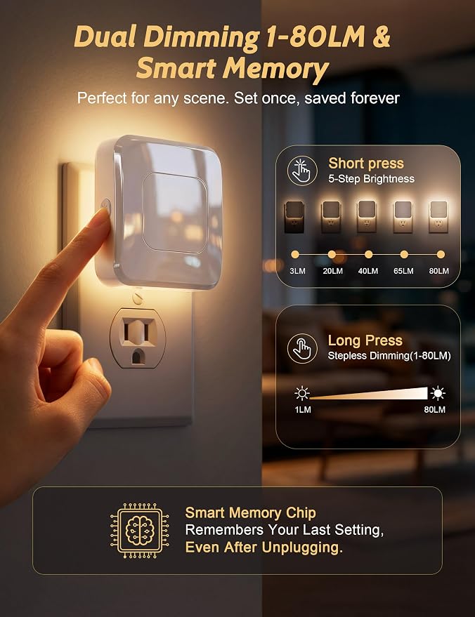 Sujeet Backlit Motion Sensor Night Light 4 Pack, Plug-in LED Nightlight Dusk to Dawn Sensor 1-80LM Adjustable Brightness Night Light for Hallway Bathroom Kids Room (Backlit -Warm White, 4-Pack)