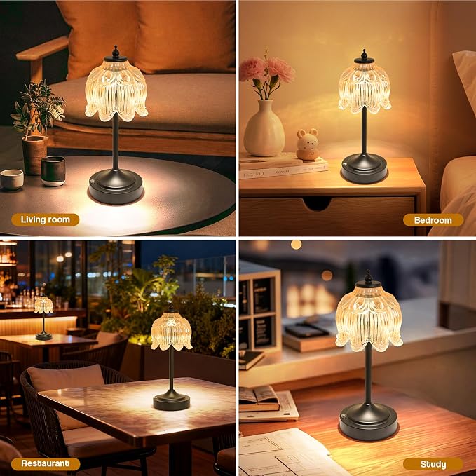 Cordless Table Lamp, Rechargeable Amber Glass Lotus Flower Lamp | 5200mAh touch lamp with 3 color modes and stepless dimming, battery operated lamp for nightstands and kitchen counters