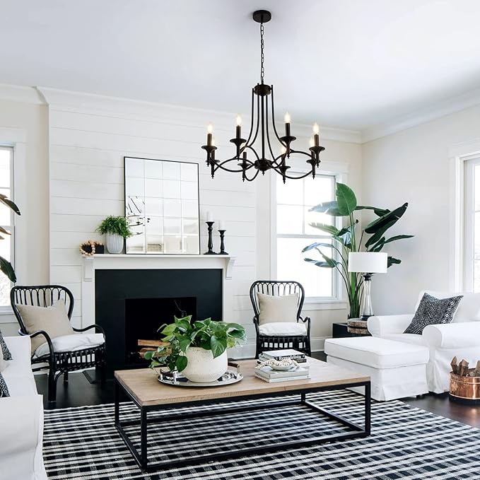 Industrial Candle Chandelier Modern Farmhouse Hanging Pendant Light Fixture with 8-Light Black Iron Classic Rural Candle Ceiling for Dining Room Living Room Bedroom Kitchen Island Foyer
