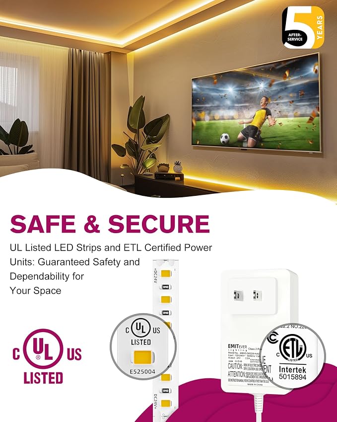 EMITEVER Warm White LED Strip Light Kit 3000K,16.4ft 600LEDs,24V Dimmable | CRI 95+,240+LM/ft.ETL 48W power supply & remote included, UL listed Strip for living room,kitchen,under cabinet & shelving