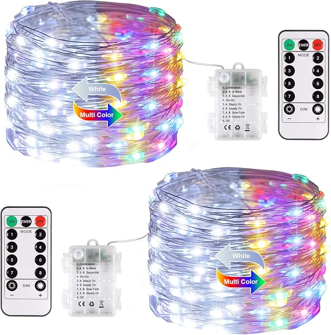 JMEXSUSS 2 Pack Color Changing Fairy Lights Battery Operated with Remote | Total 200 LED 66ft, Cool White & Multicolor, 8 Modes, Twinkle String Lights for Bedroom Tree Indoor Outdoor Christmas Decor