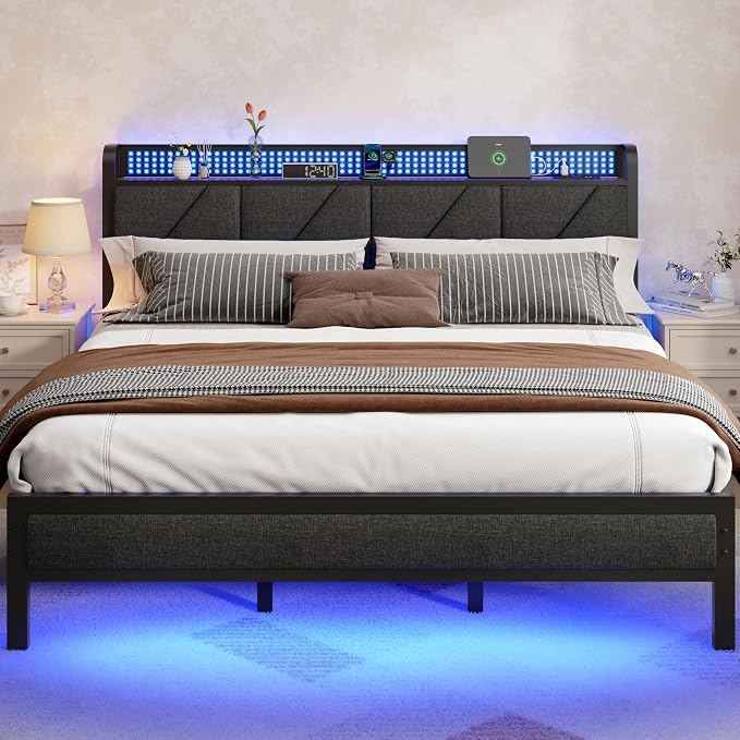 King Size Bed Frame with Storage Shelf and Upholstered Headboard | Metal Platform Bed with LED Light, Charging Station and Heavy Duty Slats, No Box Spring Needed, Noise Free & Easy Assembly