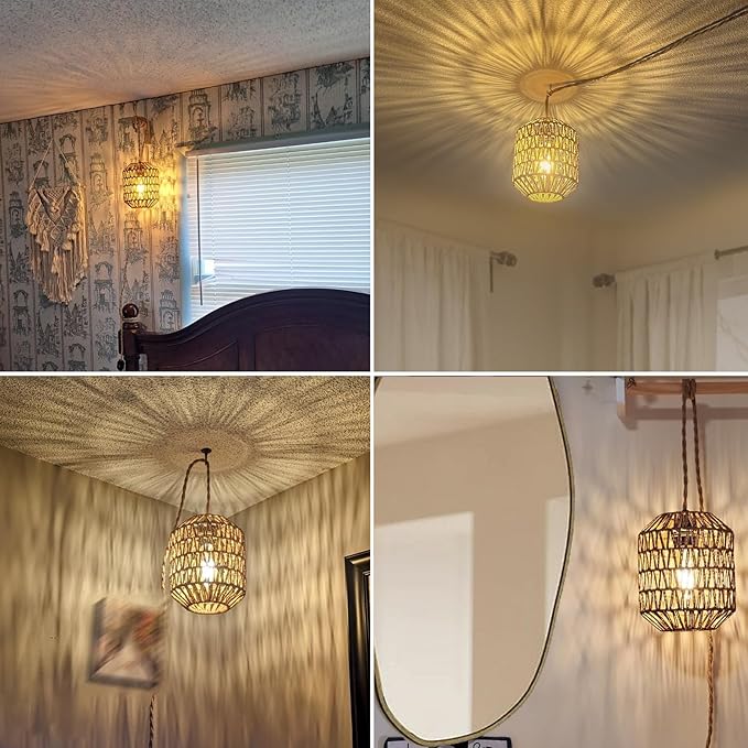 Plug in Pendant Light with 6W LED Bulb Warm Light(3000K) Dimmable Switch Cute Rattan Hanging Lamp Cord 15ft Hand Woven Plug in Chandelier Boho Hanging Lights Fixture for Bedroom Kitchen