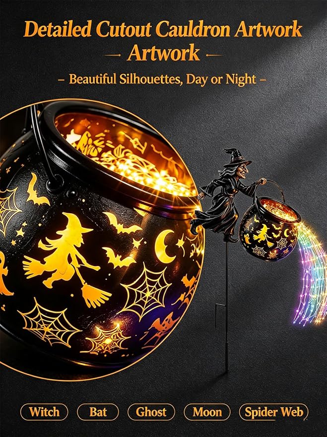 Halloween Witch Cauldron Garden Light,33.5″ Witch Stake Garden Light | Total height of 33.5 inches, Includes 1*12m, 100-light solar-powered multicolored LED light strip, Waterproof