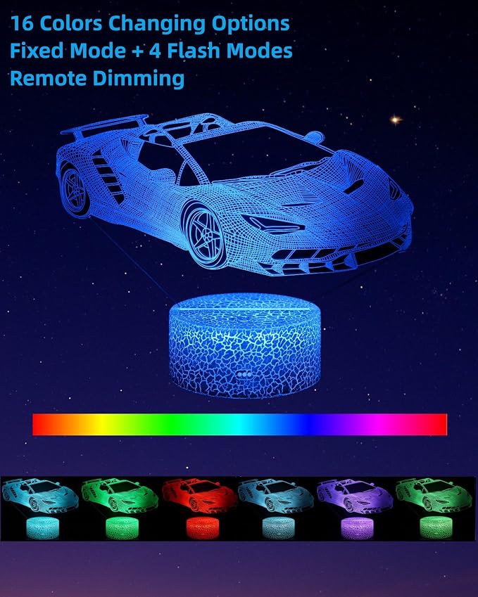 3D Illusion Kid Night Light, 3 Patterns, Car Monster Truck Plane | 16 Colors Changing, Dimmable, Touch & Remote Control, Boys Bedroom Room Décor Lamp, Christmas Birthday Toy Gift Toddler Teen