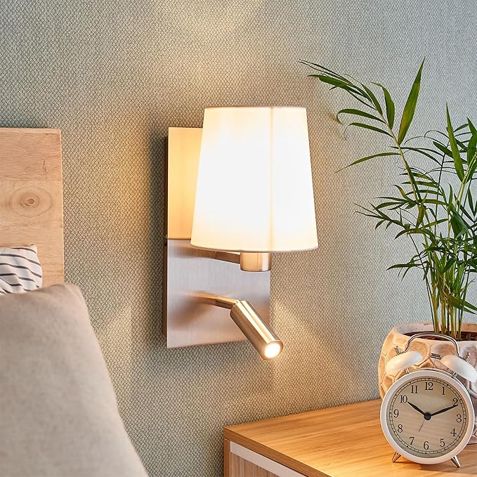 12.1" Wall Sconce with Shade & Reading Light, White Fabric Wall Lamp for Bedroom, Silver Bedside Wall Light with LED Reading Light 3000K 205 lm, Dual Switch, E12 Max 10W Bulb Not Included