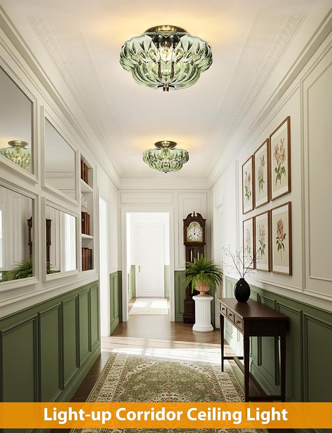 11" Semi-Flush Mount Ceiling Light,3-Bulb Green Glass Hallway Light Fixture | OYKYOHEI Indoor Lighting,Gold Close to Ceiling Light for Bathroom Dining Room Kitchen Foyer Laundry Decor,Easy Install