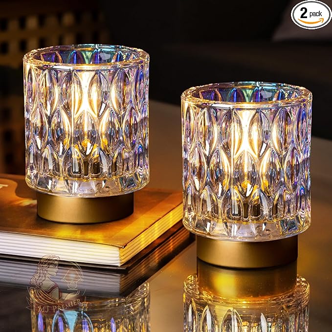 Battery Operated Table Lamp Timer, Small Cordless Lamps Decorative, 2 Pearl | Mini Crystal Lamp for Area No Plug, LED Battery Powered Lamps Wireless, Glass Accent Light for Bathroom Fireplace Shelf Decor