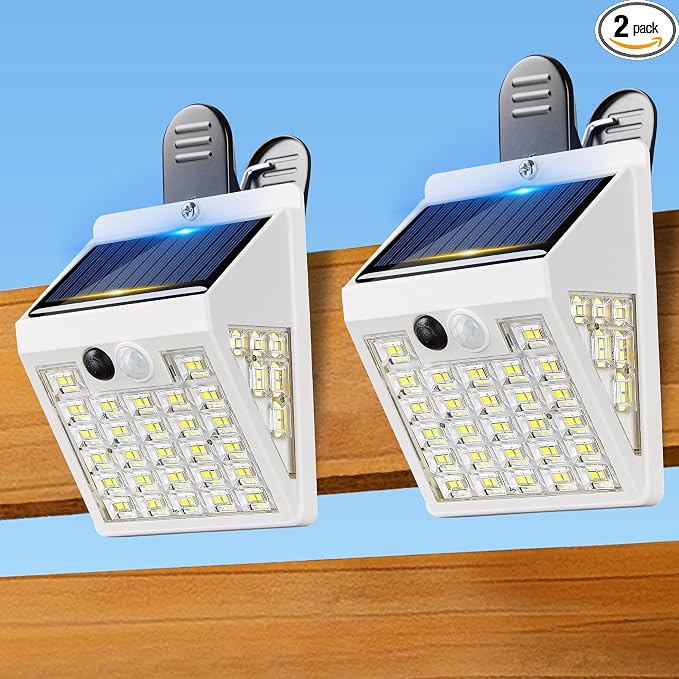 Clip On Solar Lights Outdoor,Motion Sensor Outdoor Lights, 72LEDs 600LM Clip on Solar Fence Lights Outdoor Waterproof LED,Solar Lights for Wall Fence,Deck, Gutter,Camping (2, White)