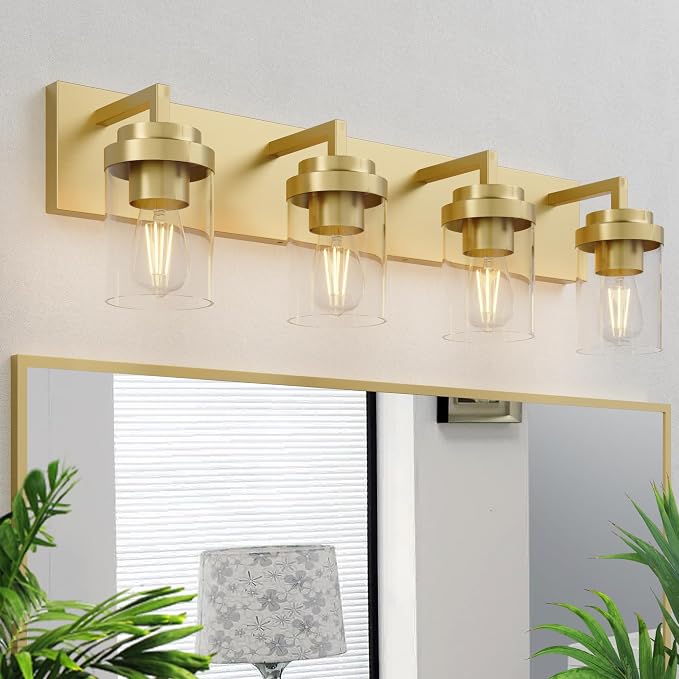 Bathroom Lighting Fixtures, 4-Light Bathroom Vanity Lights Over Mirror, Brass Vanity Light with Glass Shade, Modern Vanity Lighting Fixtures for Bedroom, Hallway