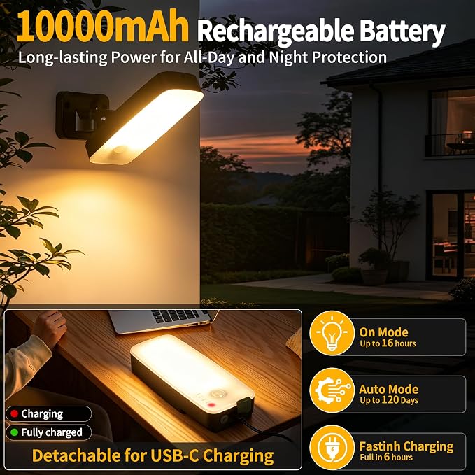 Motion Sensor Outdoor Lights with Remote 10000mAh Rechargeable Battery IP65 | 3 Modes with Red Alert 3000K/4000K/6500K Dimmable Waterproof Outdoor Security Led Light for Backyard Garage Porch, 1 Pack