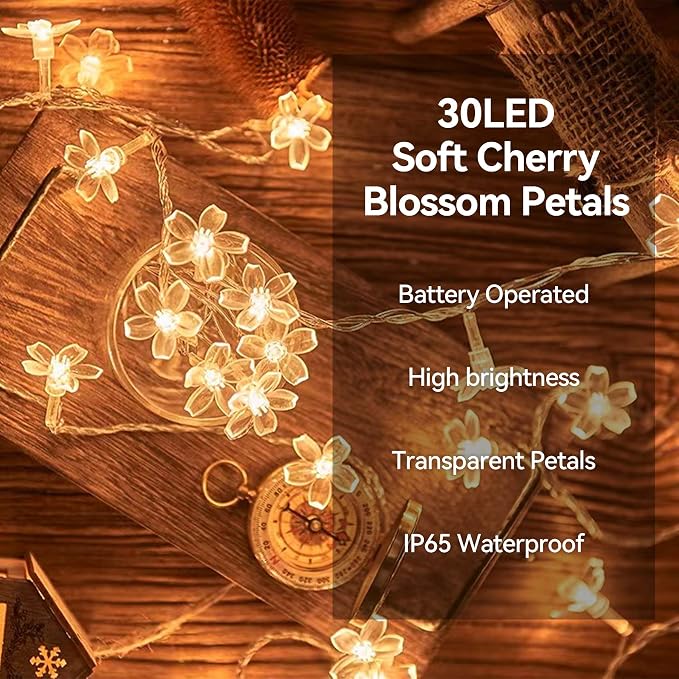 Flower Fairy Light Battery Operated Indoor String Lights 30LED Cherry Blossom Lights Waterproof Decoration for Christmas,Camping,Garden Fence,Birthday,Terrace,Yard,Wedding Party,Bedroom