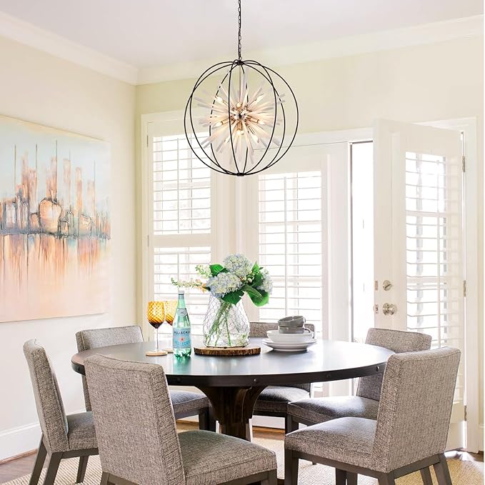 31.5" Black Gold Large Globe Sputnik Chandelier, 16-Light Mid Century Modern Industrial Starburst Golden Satellite Light Fixture for High Ceiling Living Room Dining Room Foyer Stairway,E12