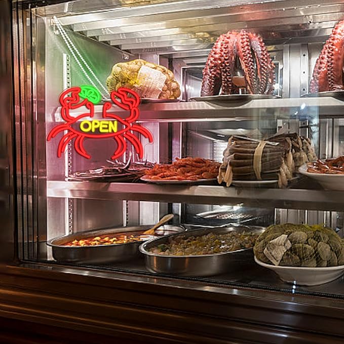 Crab Open Neon Sign for Business Decor Striking Seafood Open Neon Light Dimmable Crab Led Light Sign for Seafood Restaurant Market Food Shop Aquarium Fish Shop