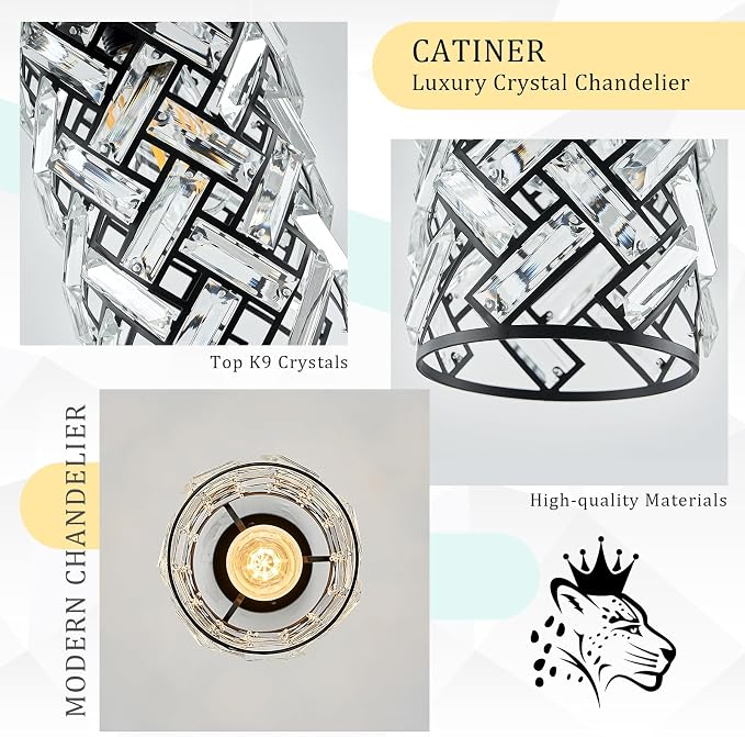 CATINER Modern Black Crystal Pendant Light Fixture, Mini Chandelier 3-Pack for Kitchen Island, Dining Room, Living Room, Hallway, Porch, Bedroom Lighting