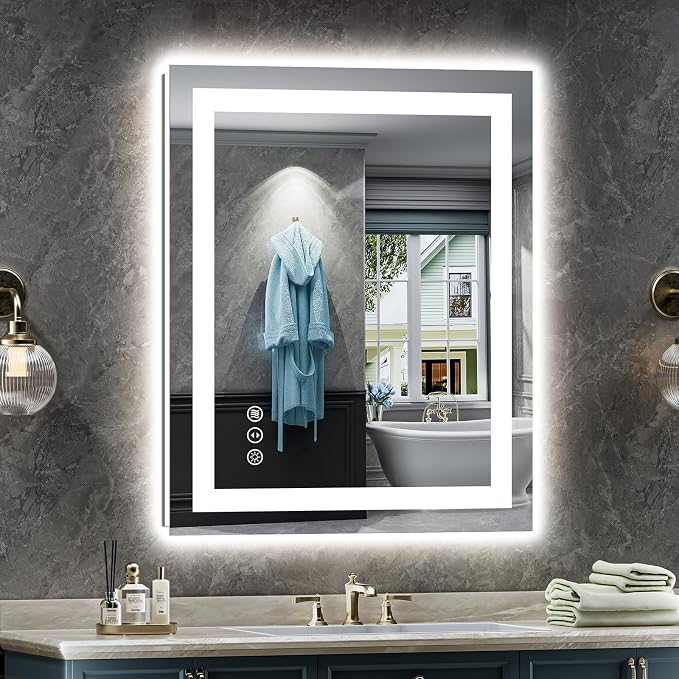 24x32 LED Bathroom Mirror, Dual Lit Anti-Fog Wall Vanity Mirror | 3 Color Dimmable, Memory Function, Shatter-Proof Tempered Glass, ETL Listed, IP54 Waterproof Horizontal/Vertical
