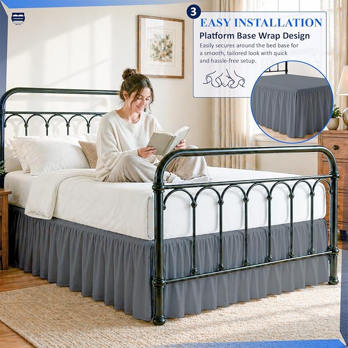 Cottingon Ruffled Bed Skirt with Split Corners-Dust Ruffle - 14" Drop 100% Microfiber Soft,Sheen & Luxurious Look - Bed Skirts (Dark Grey -King)