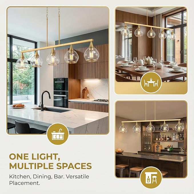 Kitchen Island Linear Pendant Light, 5-Light Gold Dining Room Chandelier with Clear Glass Globe Shades, Modern Linear Lighting Fixture Over Table