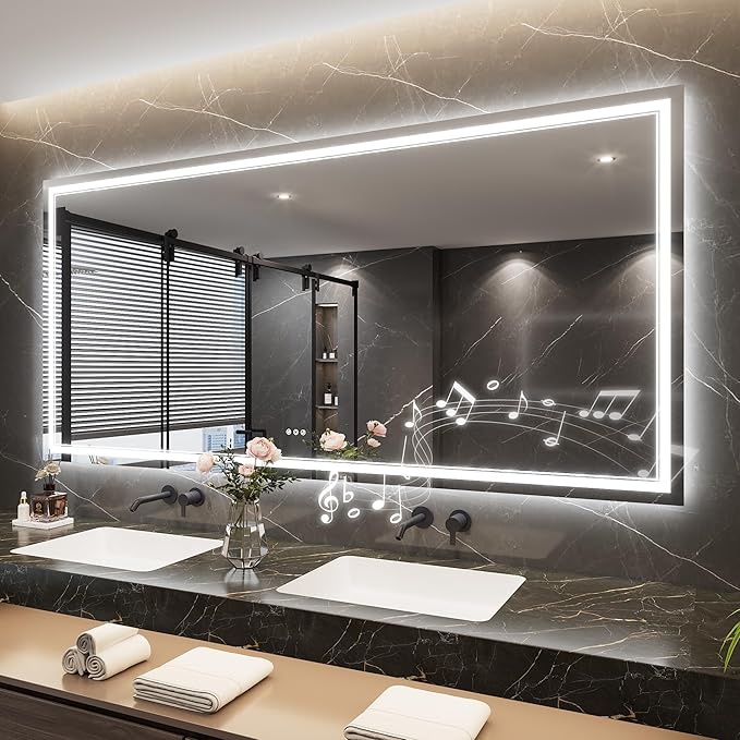 Keonjinn 84" x 40" Lighted Mirrors for Bathroom Wall with Bluetooth Speaker, Frontlit & Backlit LED Bathroom Mirror, Large Bluetooth Mirror Bathrooms, Tempered Glass, Dimmable3 Color Lights, UL-Listed