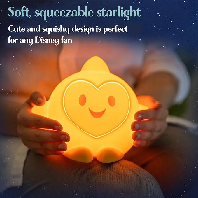 Disney Squish'ems Wish Star Night Light for Kids, Soft Silicone | Dimmable Kids Bedside Lamp, Light for Kids Room, Bedroom, and Playroom, USB Powered with AAA Battery Option