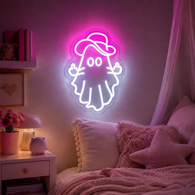 Neon Sign, Ghost Neon Signs for Wall Decor LED Signs Neon Light | Cowboy Ghost Neon Sign for Bedroom, Gaming Room, Kids Room, Party, Bar, Halloween Decor, Home Decor, Boys Gift, USB Powered