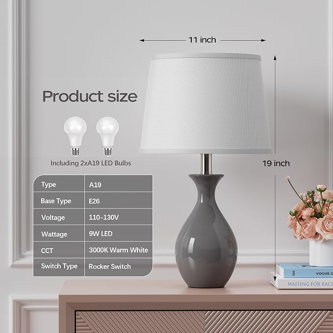 Table Lamp Set of 2, Modern Ceramic Bedside Lamps for Night Stands, Classic Small Lamp Nightstand Lamp for Bedroom Living Room Desk End Table Rocker Swtich Grey