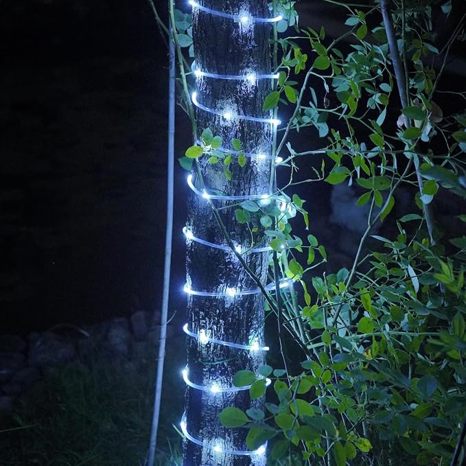YEGUO Solar Rope Lights Outdoor Waterproof, 2 Packs Each 33ft 100 LED String Lights, 8 Modes Fairy Lights in Clear Thin Tube(White)