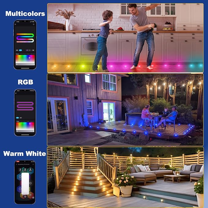 Sumaote LED Deck Lights Kit, 50 Pack 1.22" WiFi Smart RGBW+IC Multicolor | Recessed Low Voltage 12V IP67 Waterproof, App Control Dynamic Color Changing, for Outdoor Step Stair Garden Yard Landscape