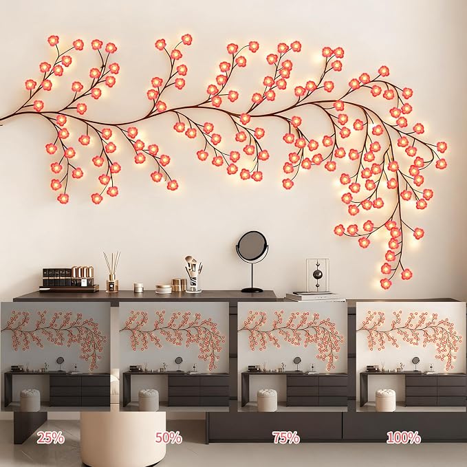 4FT 48LED Pink Cherry Blossom Tree Branch Lights for Wall, USB Battery Box | FNHMSL Cherry Enchanted Willow Vine Lights,Remote Timer,8 Light Model,Bedroom Wall Doors Wedding, Christmas, USB Battery Box