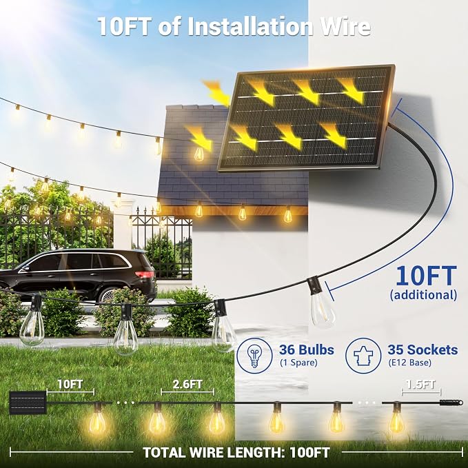 100FT Solar String Lights Outdoor Waterproof, 35+1 LED Solar Powered Lights with Remote Control, 3 Light Modes & Dimmable, USB-C Charging for Patio, Backyard, Garden, Camping
