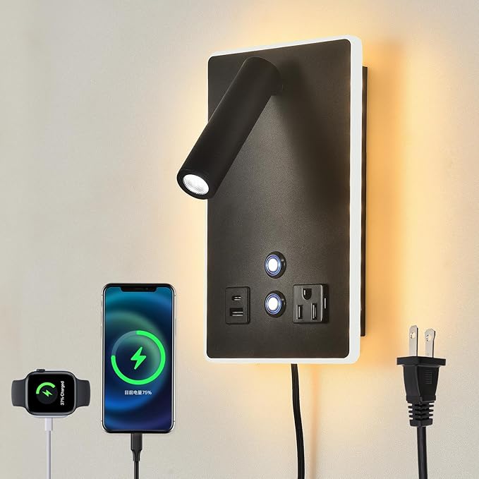 Dimmable Plug in Wall Sconce with Touch Switch,Headboard Bedside Wall Lamp,Multifunction Wall Light with USB C+A Ports,Adjustable Wall Mounted Reading Light,3 Color Temperature(Black)