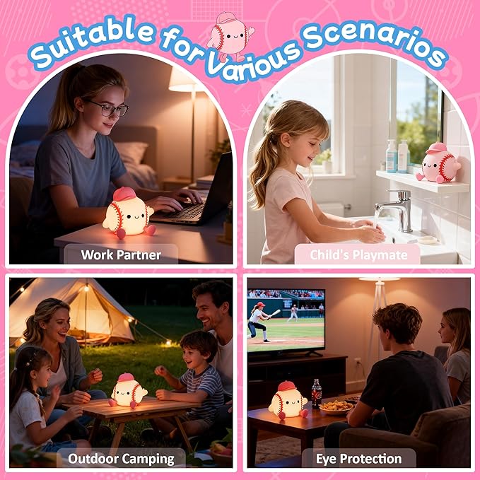 Softball Night Light for Girls, Silicone Touch Control Lamp, USB Rechargeable with Timer & Brightness Adjustment, Gift for Softball Lovers