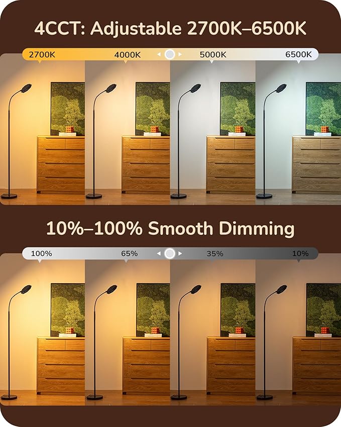 EDISHINE Modern LED Floor Lamp 1300LM Floor Lamps for Living Room Brown | Dimmable, 4 Color Temperature, Remote & Touch Control, 2 Timer, Adjustable Gooseneck for Bedroom, Office